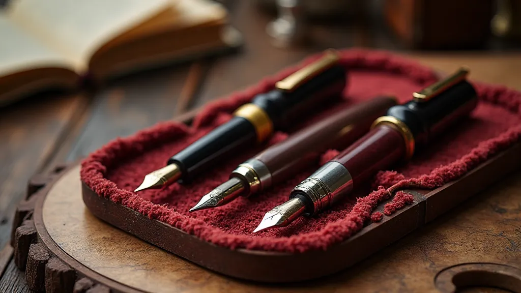 Three antique fountain pens arranged on a velvet tray